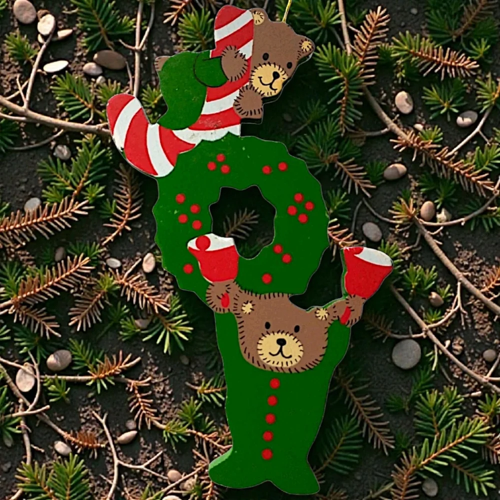 JOY Spell‎ Out Christmas Ornament Folk Art Primitive Die Cut Vintage Wood Bears